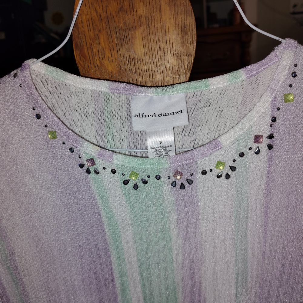 Alfred Dunner Pastel Striped Top with Embellished Neckline